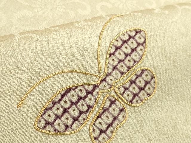 平和屋本店●極上 京都祇園の老舗 ぎをん齋藤 付下げ 駒刺繍 疋田蝶 菊唐草地紋 蒸栗色地 たとう紙付き 逸品 DZAB6523kh6