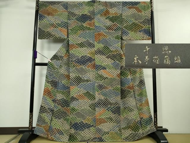 平和屋本店●極上 創業460年・千總 小紋 本手描臈纈 名物裂 鬼しぼ縮緬 西武百貨店扱い 反端付き 逸品 DZAB6553kh6