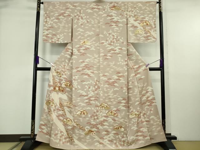 平和屋本店●極上 訪問着 吉澤友禅 駒刺繍 松竹梅 吉祥花文 灰梅色地 金彩 逸品 未使用 DZAB6554kh6