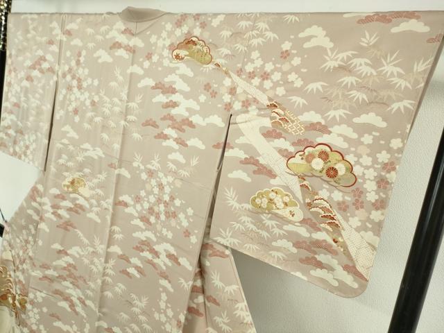 平和屋本店●極上 訪問着 吉澤友禅 駒刺繍 松竹梅 吉祥花文 灰梅色地 金彩 逸品 未使用 DZAB6554kh6