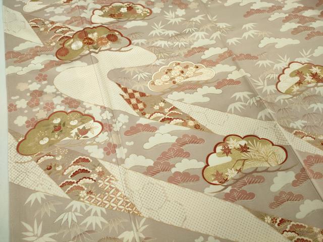 平和屋本店●極上 訪問着 吉澤友禅 駒刺繍 松竹梅 吉祥花文 灰梅色地 金彩 逸品 未使用 DZAB6554kh6