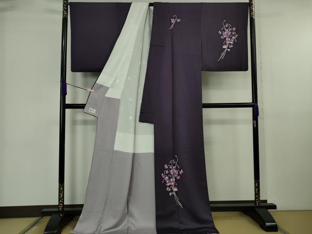 平和屋本店●極上 本加賀友禅作家 吉本大輔 訪問着 ロング丈 シンフォニー 深紫色地 やまと誂製 証紙付き 逸品 DZAB6555kh6
