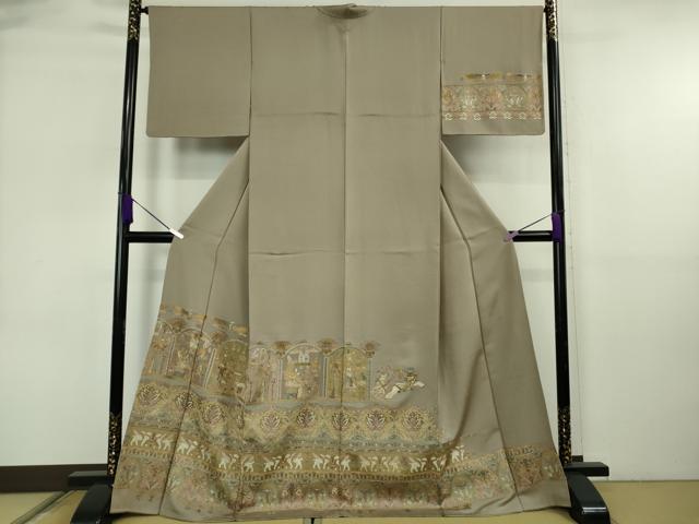 平和屋本店●極上 訪問着 総刺繍 エジプト壁画文様 生壁色地 金糸 逸品 DZAB6598kh6