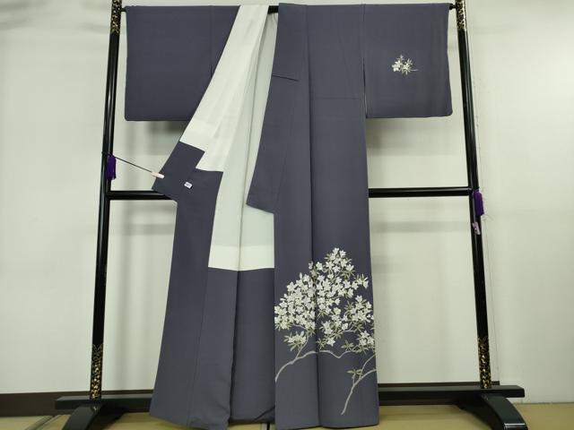 平和屋着物●極上 訪問着 総手刺繍 枝花文 濃い鼠色地 金糸 逸品 DZAB6599kh6