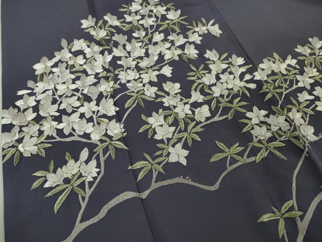 平和屋着物●極上 訪問着 総手刺繍 枝花文 濃い鼠色地 金糸 逸品 DZAB6599kh6
