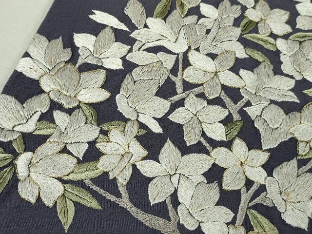 平和屋着物●極上 訪問着 総手刺繍 枝花文 濃い鼠色地 金糸 逸品 DZAB6599kh6