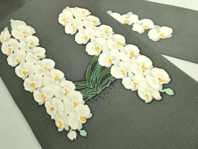 平和屋本店●極上 九寸名古屋帯 東京手描友禅 駒刺繍 胡蝶蘭 反端付き 羊羹色地 逸品 未使用 DZAB6604kh6