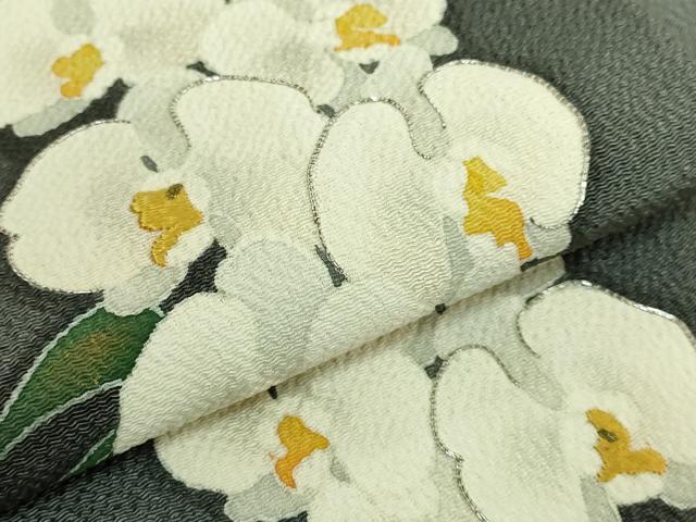 平和屋本店●極上 九寸名古屋帯 東京手描友禅 駒刺繍 胡蝶蘭 反端付き 羊羹色地 逸品 未使用 DZAB6604kh6