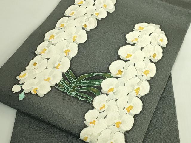 平和屋本店●極上 九寸名古屋帯 東京手描友禅 駒刺繍 胡蝶蘭 反端付き 羊羹色地 逸品 未使用 DZAB6604kh6