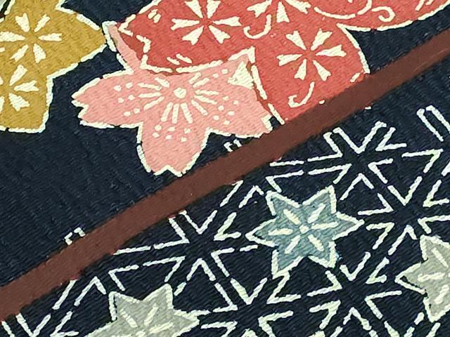 平和屋本店●極上 浦野理一 型染 九寸名古屋帯 舞花文 鬼しぼ縮緬 濃い紺色地 逸品 DZAB6610kh6