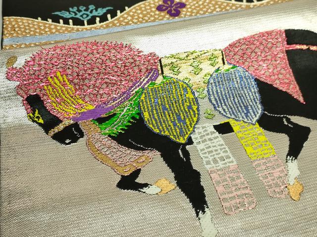平和屋本店●最高級 龍村平蔵製 太鼓柄 本袋帯 天竺祭馬錦 黒地 金銀糸 逸品 DZAB6618kh6