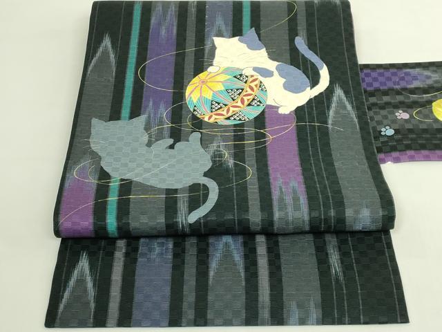 平和屋着物●極上 九寸名古屋帯 WAKKA 猫 毬 鈴 逸品 DZAB6623kh6