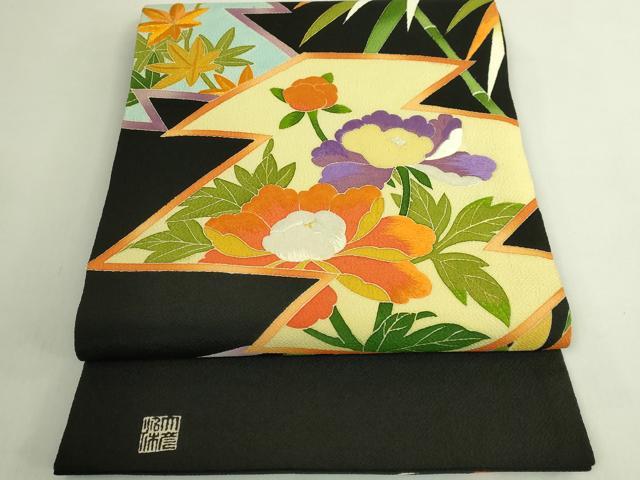 平和屋本店●極上 創業130年 江戸染繍友禅 大彦 太鼓柄袋帯 相良刺繍 松皮菱花文 黒地 金糸 逸品 DZAB6633kh6