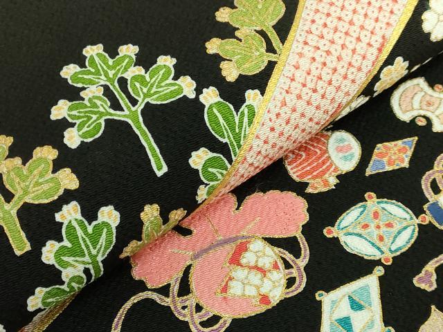 平和屋本店●極上 九寸開き名古屋帯 刺繍 飛鶴宝尽くし花文 蓑亀 黒地 金糸 鬼しぼ縮緬 逸品 DZAB6647kh6