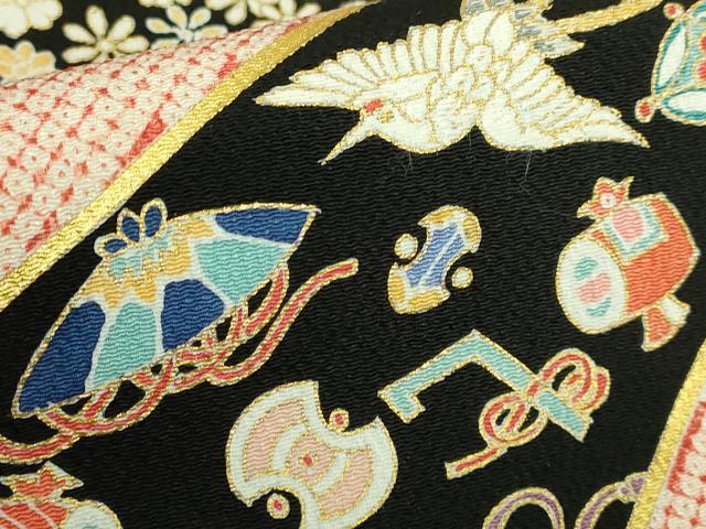 平和屋本店●極上 九寸開き名古屋帯 刺繍 飛鶴宝尽くし花文 蓑亀 黒地 金糸 鬼しぼ縮緬 逸品 DZAB6647kh6