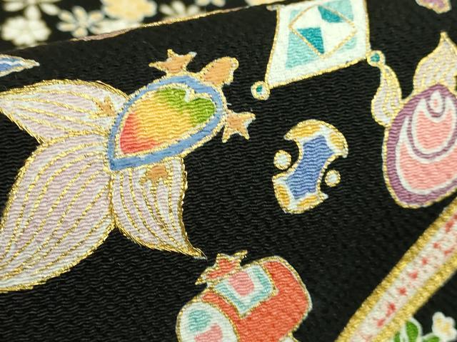 平和屋本店●極上 九寸開き名古屋帯 刺繍 飛鶴宝尽くし花文 蓑亀 黒地 金糸 鬼しぼ縮緬 逸品 DZAB6647kh6
