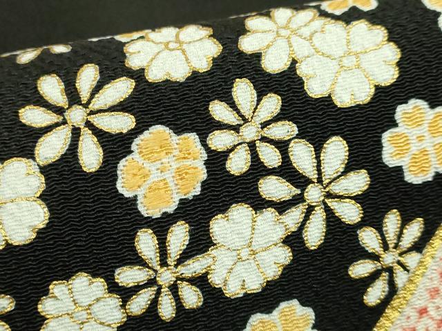 平和屋本店●極上 九寸開き名古屋帯 刺繍 飛鶴宝尽くし花文 蓑亀 黒地 金糸 鬼しぼ縮緬 逸品 DZAB6647kh6