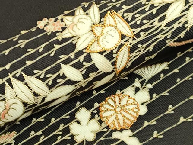 平和屋本店●極上 塩瀬 九寸名古屋帯 駒刺繍 薄花文 金彩 濃い蝋色地 逸品 DZAB6648kh6