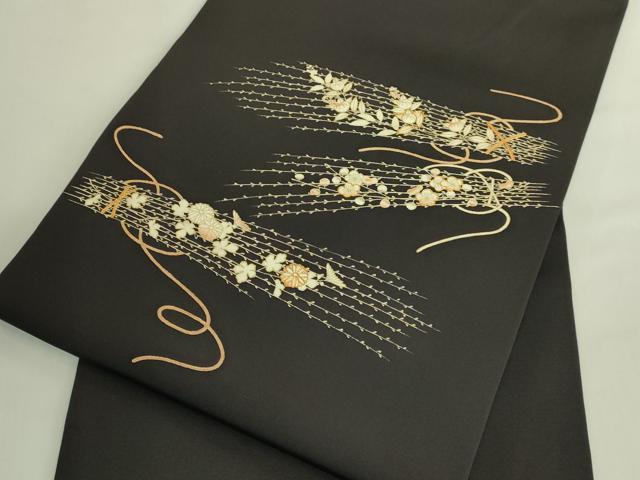 平和屋本店●極上 塩瀬 九寸名古屋帯 駒刺繍 薄花文 金彩 濃い蝋色地 逸品 DZAB6648kh6