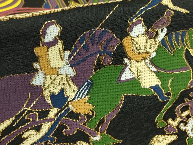 平和屋本店●極上 西陣 白綾苑大庭 六通柄袋帯 唐織 人物風景文 黒地 金糸 逸品 DZAB6656kh6
