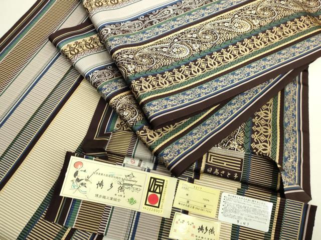 平和屋本店●極上 本場筑前博多織 両面全通柄袋帯 日高さと子 ペイズリー 間道 はかた匠工芸 博多金ラベル 証紙付 逸品 未使用 DZAB6669kh6