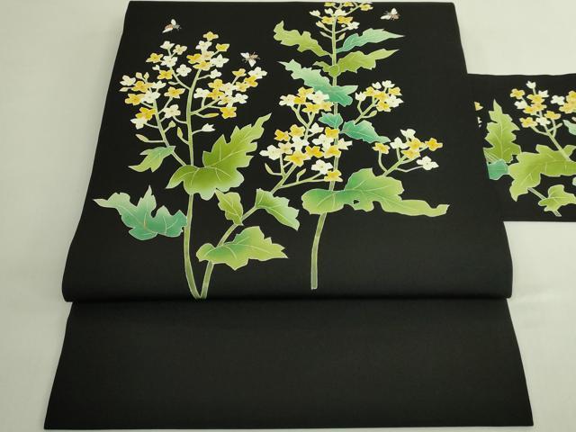 平和屋本店●極上 塩瀬 九寸名古屋帯 菜の花 蜂 黒地 金彩 逸品 DZAB6678kh6