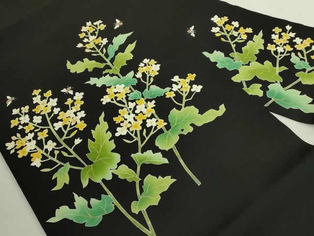 平和屋本店●極上 塩瀬 九寸名古屋帯 菜の花 蜂 黒地 金彩 逸品 DZAB6678kh6