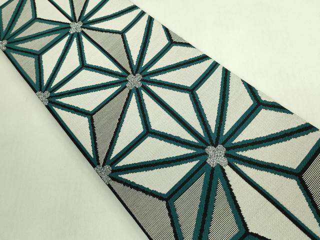 平和屋着物●極上 両面 半幅帯 麻の葉文様 市松間道 黒地 銀糸 逸品 DZAB6679kh6