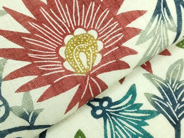 平和屋本店*極上 夏物 和染紅型 栗山紅型 栗山吉三郎 九寸名古屋帯 花唐草 麻 逸品 DZAB6690kh6