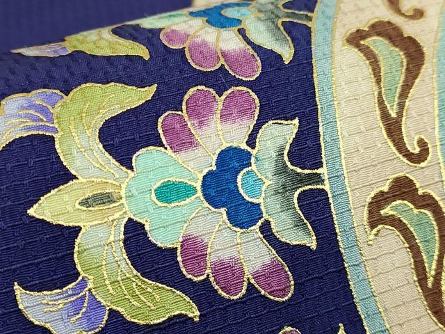平和屋本店●極上 岡重謹製 OKAJIMA 九寸名古屋帯 更紗花文 鉄紺色地 金彩 逸品 DZAB6696kh6