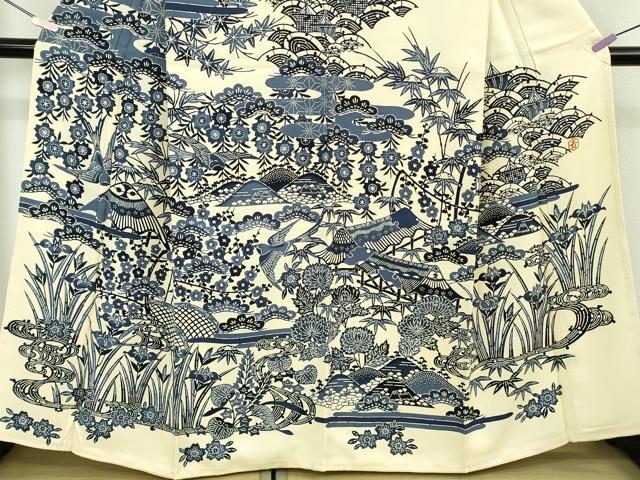 平和屋本店●極上 和染紅型 栗山紅型 栗山吉三郎 本藍 訪問着 風景花鳥文 縮緬地 薄い砥粉色 逸品 未使用 DZAB6705kh6