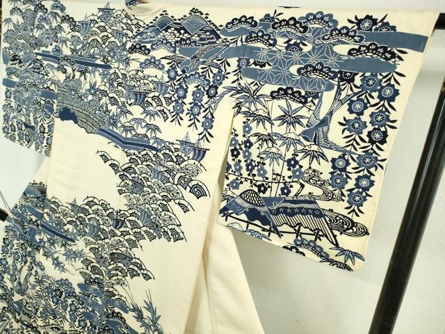 平和屋本店●極上 和染紅型 栗山紅型 栗山吉三郎 本藍 訪問着 風景花鳥文 縮緬地 薄い砥粉色 逸品 未使用 DZAB6705kh6