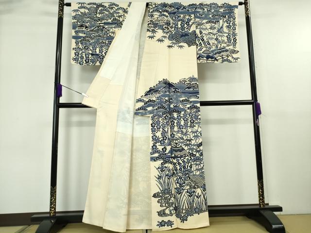 平和屋本店●極上 和染紅型 栗山紅型 栗山吉三郎 本藍 訪問着 風景花鳥文 縮緬地 薄い砥粉色 逸品 未使用 DZAB6705kh6