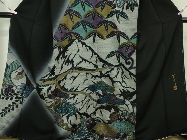 平和屋本店●極上 キモノデザイナー 斉藤上太郎 訪問着 松笹花鳥文 黒地 銀彩 逸品 未使用 DZAB6706kh6