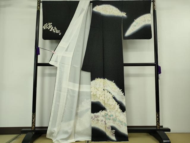 平和屋着物●極上 訪問着 草花文 黒地 金彩 銀通し地 逸品 未使用 DZAB6710kh6