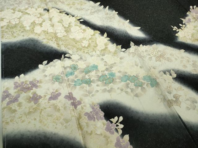平和屋着物●極上 訪問着 草花文 黒地 金彩 銀通し地 逸品 未使用 DZAB6710kh6