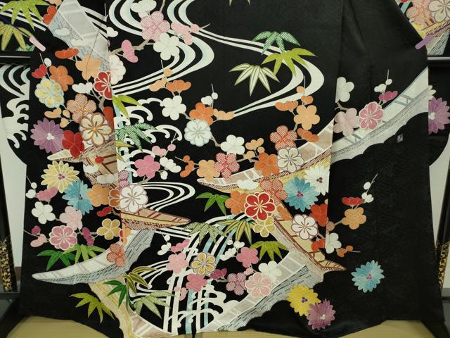平和屋本店●極上 創業460年・千總 振袖 花舟 笹梅 黒地 金彩 逸品 DZAB6713kh6