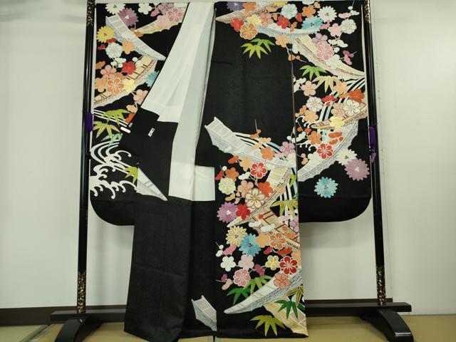 平和屋本店●極上 創業460年・千總 振袖 花舟 笹梅 黒地 金彩 逸品 DZAB6713kh6