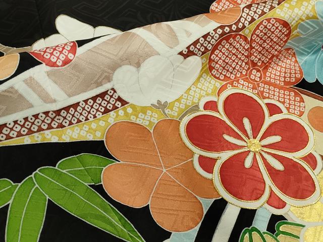 平和屋本店●極上 創業460年・千總 振袖 花舟 笹梅 黒地 金彩 逸品 DZAB6713kh6