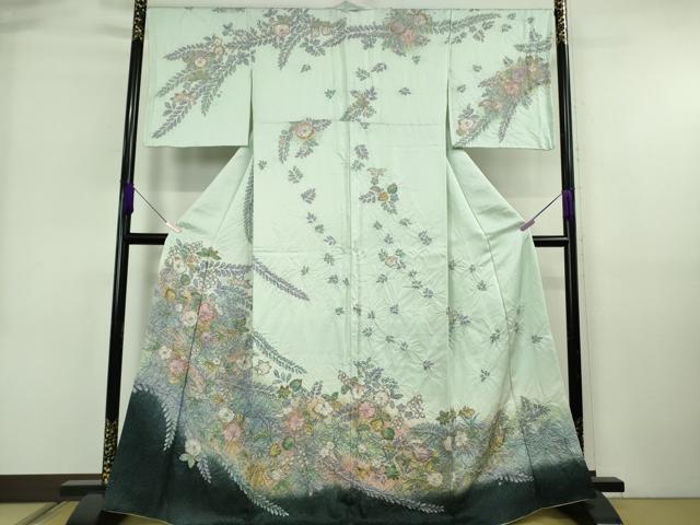 平和屋本店●極上 訪問着 辻が花 白緑色地 暈し染め 金彩 さが美扱い 逸品 DZAB6716kh6