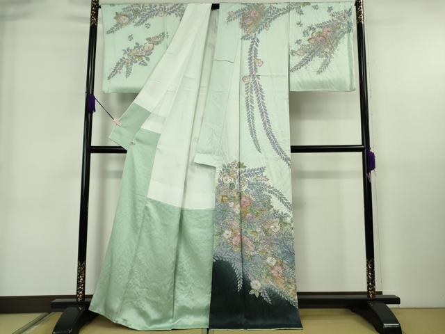 平和屋本店●極上 訪問着 辻が花 白緑色地 暈し染め 金彩 さが美扱い 逸品 DZAB6716kh6