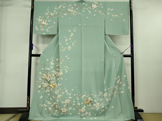 平和屋本店●極上 佐賀錦 訪問着 友禅 作家物 枝椿 錆青磁色地 金銀糸 ロング丈 逸品 DZAB6724kh6