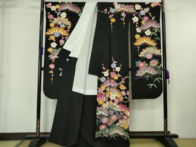 平和屋本店●極上 十日町友禅作家 阿部佳雪 振袖 梅菊松 黒地 鬼しぼ縮緬 逸品 DZAB6729kh6