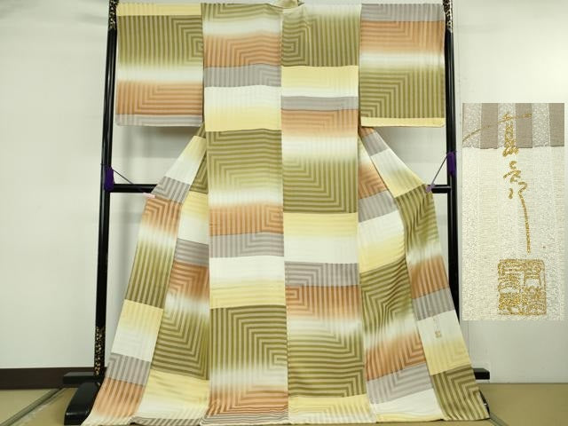 平和屋本店●極上 キモノデザイナー 斉藤上太郎 小紋 お召地 幾何学文様 暈し染め ロング丈 逸品 DZAB6744kh6