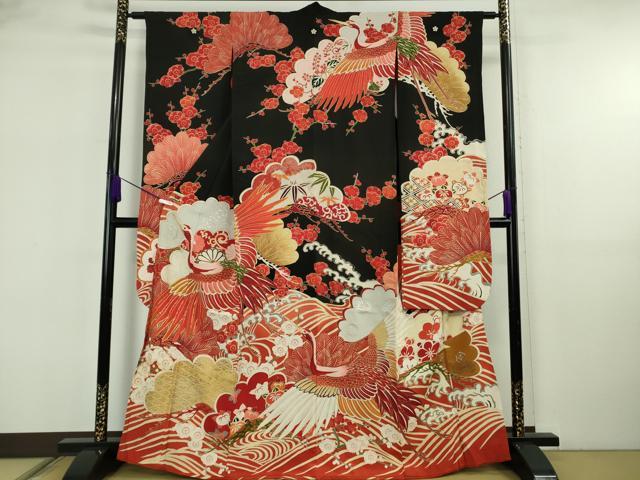 平和屋本店●極上 アンティーク 大正ロマン 振袖 駒刺繍 立波飛鶴文 黒地 金銀彩 逸品 DZAB6745kh6