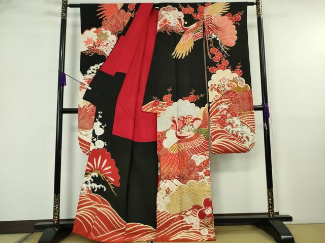 平和屋本店●極上 アンティーク 大正ロマン 振袖 駒刺繍 立波飛鶴文 黒地 金銀彩 逸品 DZAB6745kh6