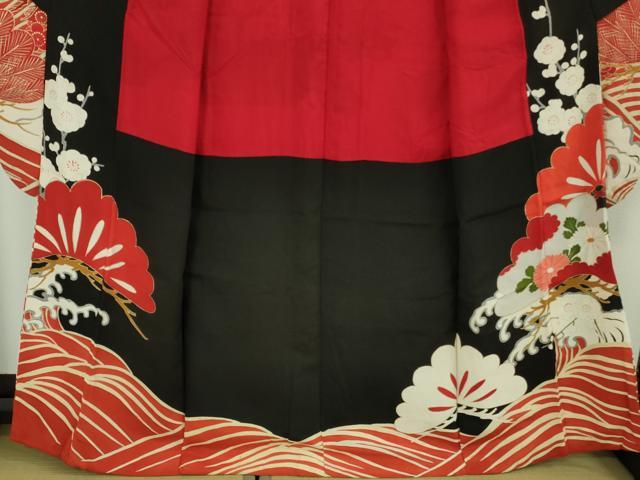 平和屋本店●極上 アンティーク 大正ロマン 振袖 駒刺繍 立波飛鶴文 黒地 金銀彩 逸品 DZAB6745kh6