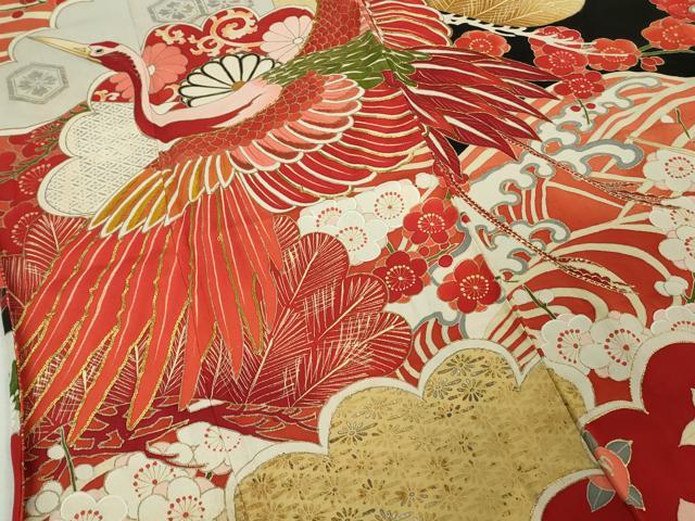 平和屋本店●極上 アンティーク 大正ロマン 振袖 駒刺繍 立波飛鶴文 黒地 金銀彩 逸品 DZAB6745kh6