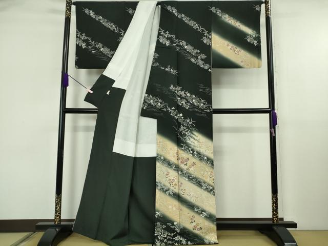 平和屋本店●極上 訪問着 草花文 黒地 暈し染め 逸品 DZAB6749kh6