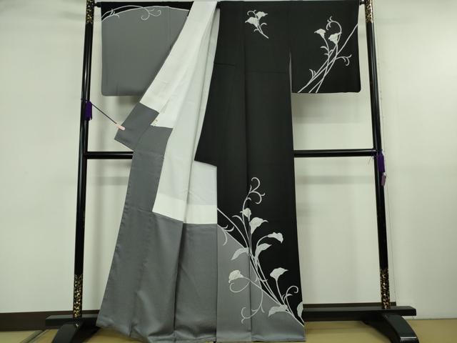 平和屋本店●極上 訪問着 カラー 黒×灰青色地 逸品 DZAB6751kh6